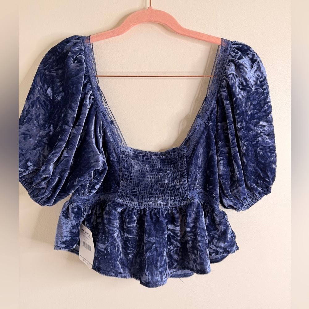 NWT Free People Deep Blue Velvet Blouse - Picture 5 of 5